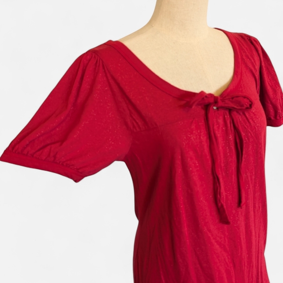 FANG Red Short Sleeve Metallic Tunic with Tie Neck Short Puff Sleeves BOHO Vamp - Picture 2 of 10